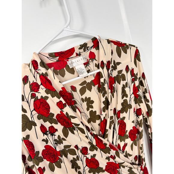 Doncaster Womens Floral-Print V-Neck Faux Wrap Blouse Top Romanticvibe Red Cream - Picture 2 of 8